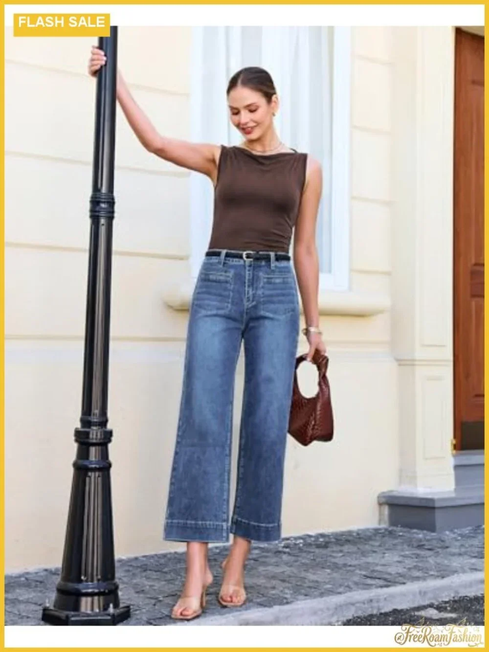 Wide Leg High Waisted Cropped Jeans Women Stretchy Denim Patch Pocket